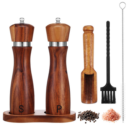 Ckhoid 2Pcs Wooden Salt and Pepper Grinder Set, Manual Pepper Grinder with Ceramic Core, Adjustable Coarseness, Along with Salt&Pepper Mill Tray, Spoon (8.7 Inch)