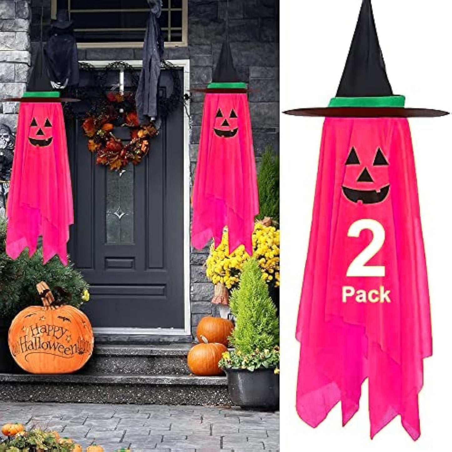 Halloween Decorations, 2 Pack Pink Pumpkin Wizard Hat Pre-Installed Pumpkin Ghost Ghosts Witch Hanging Ornaments Decor