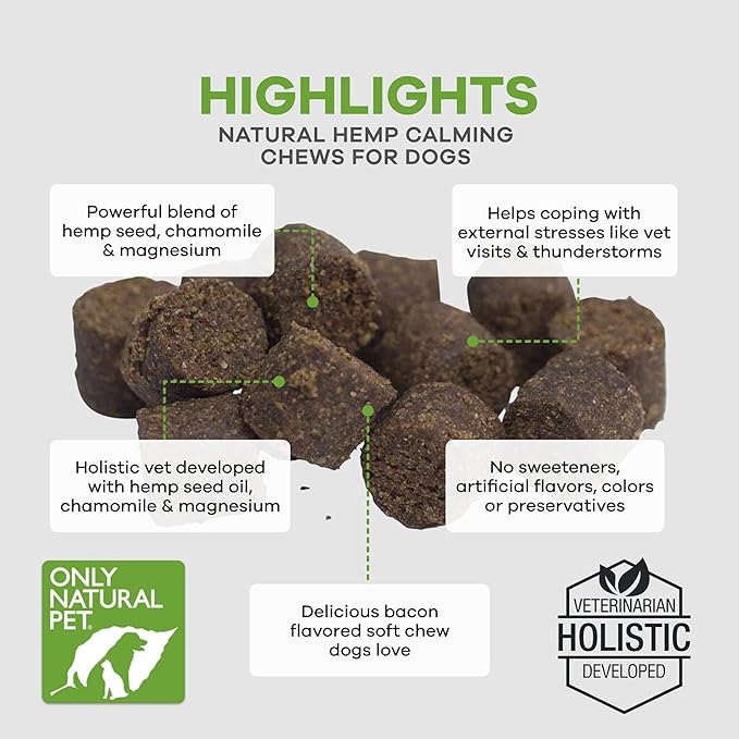 Only Natural Pet - Natural Hemp Soft Chew Bites for Dog Stress & Anxiety Relief - L-Theanine, Chamomile & Lemon Balm - Calming Chews for Dogs - 120 Count