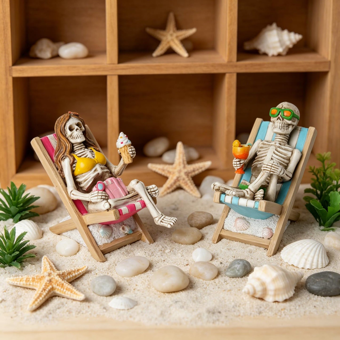 Summerween Skeleton Summer Decor - Resin Set of 2 Skeletons Summer Decorations for Home Tropical Themed Collectible Figurines for Beach Halloween Party & Home Decor Accents 2 x 4 x 4 Inches DiliComing
