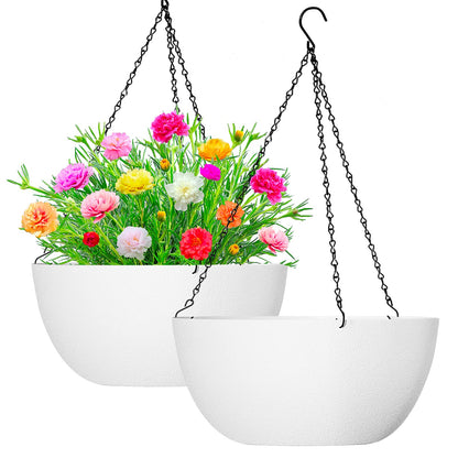 WOUSIWER 13 inch 2Pack Large Hanging Planters for Outdoor Indoor Plants with Drainage Holes and Chain, Round Hanging Flower Pots for Garden Home Porch Decor, White