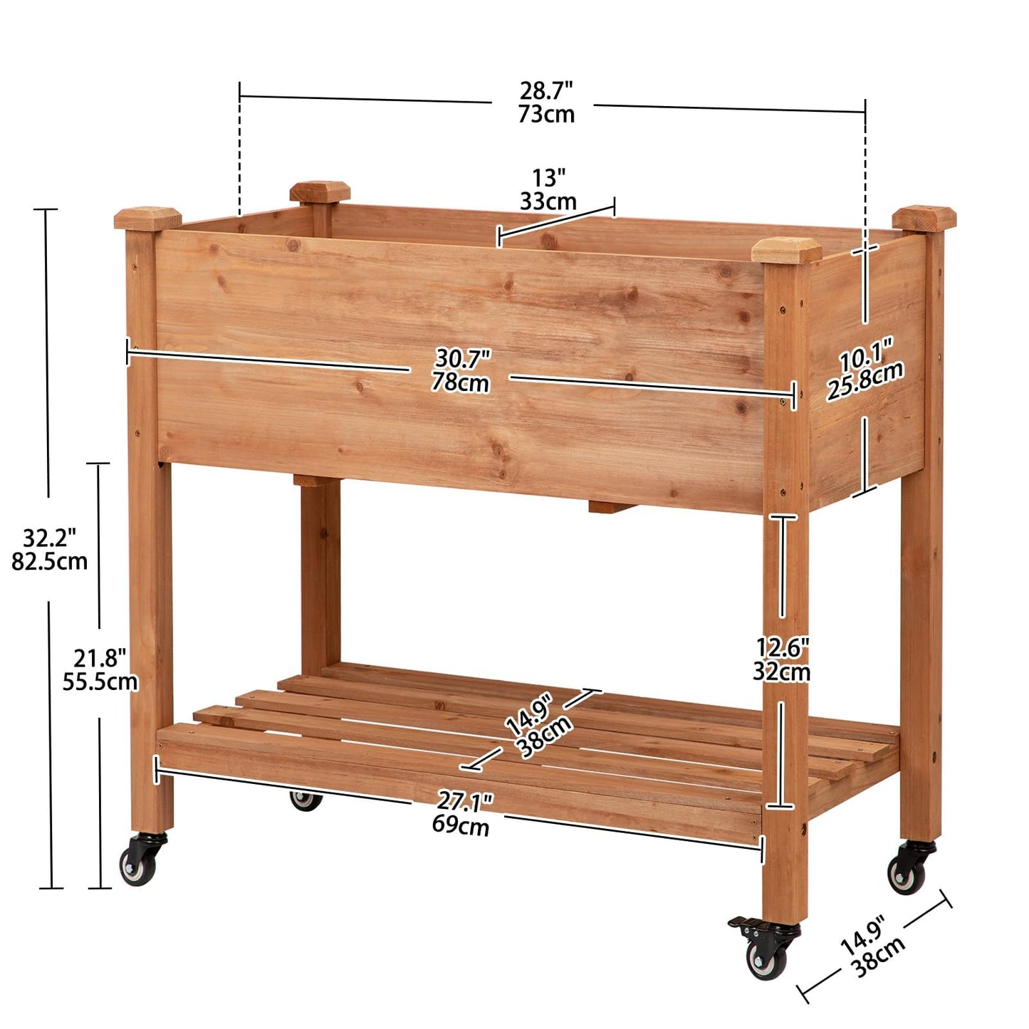 Nature Crafted Raised Garden Bed with Lockable Wheels, 32x16x32 inch Elevated Wood Planter with Storage Shelf Protective Liner for Vegetable Flower Herb Outdoor Balcony Patio Backyard, Brown