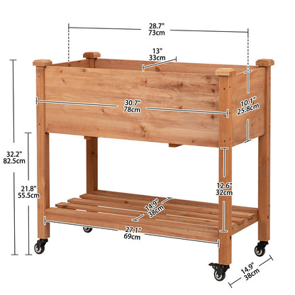 Nature Crafted Raised Garden Bed with Lockable Wheels, 32x16x32 inch Elevated Wood Planter with Storage Shelf Protective Liner for Vegetable Flower Herb Outdoor Balcony Patio Backyard, Brown