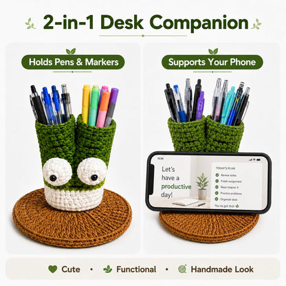 XIBIGEYE Cute Crochet Pen Holder for Desk - Handmade Green Onion Pencil Cup with Phone Stand | Funny Desk Organizer, Unique Teacher Gift, Back to School Desk Accessories for Students & Office