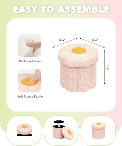 B FSOBEIIALEO Storage Ottoman Foldable, Sunflower Shaped Small Footrest Collapsible Folding Seat Bench for Bedroom Living Room Entryway, Faux Teddy Fur, Pink 12.6"x12.6"x11.4"