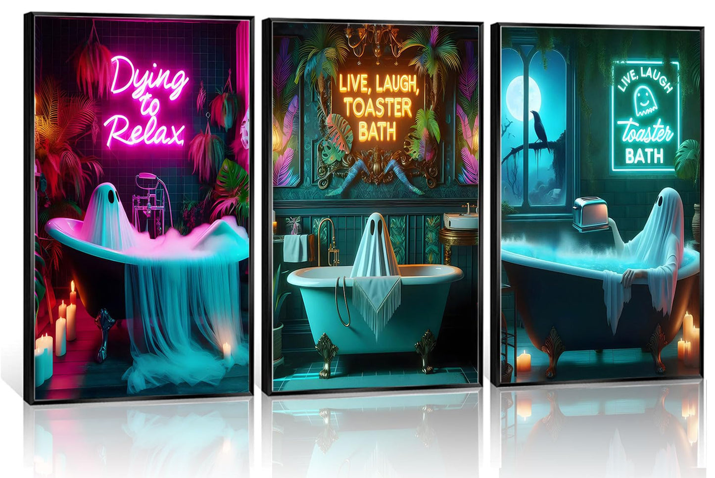 3 Pcs Halloween Ghost Neon Bathroom Canvas Wall Art Neon Sign Dying To Relax Wall Decor Pictures Funny Gothic Ghost Toaster Posters Prints for Restroom Dark Humor indie room Home Decortion Unframed