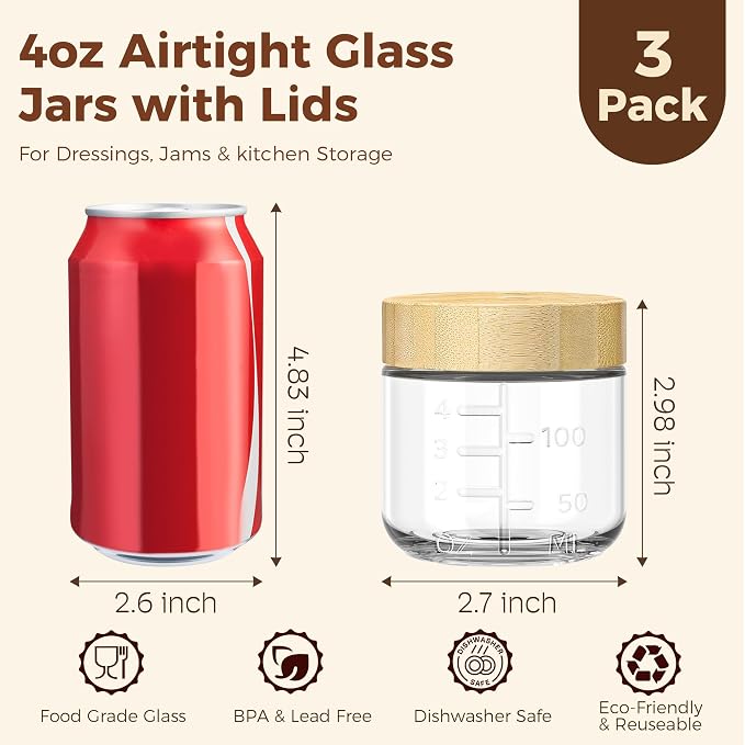 HomArtist 4oz Glass Salad Dressing Containers with Bamboo Lids - 3 Pack Small Airtight Condiment Cups, Mini Sauce Jars for Picnic, Ketchup, Dip & Snacks, Leakproof, BPA-Free & Dishwasher Safe