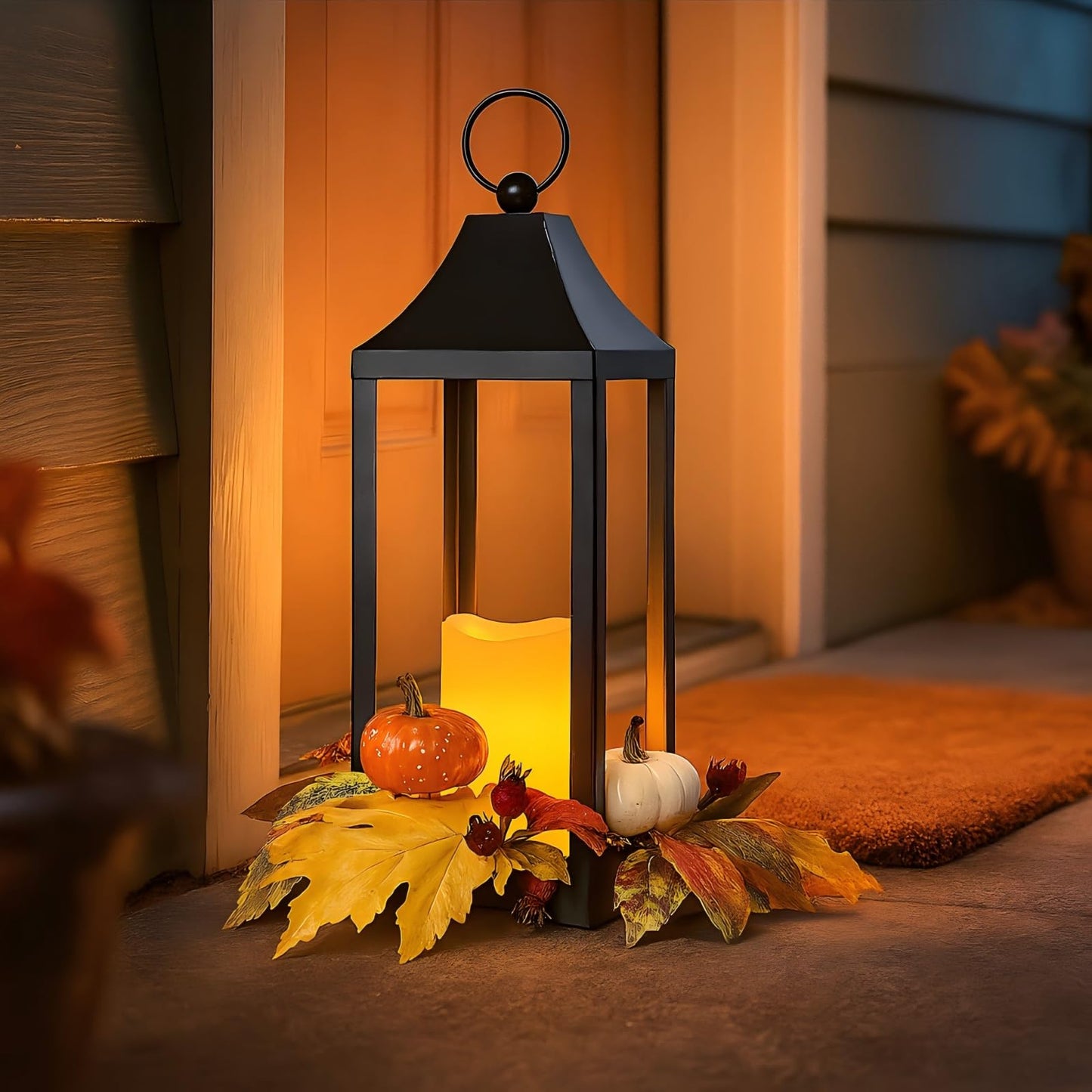Bdor 2 Pack Fall Lantern Decor with LED Candle – 15.7 Inch Harvest Pumpkin Maple Leaf Hanging Lantern for Autumn Thanksgiving Table Centerpiece Indoor Outdoor Decoration, Battery Operated