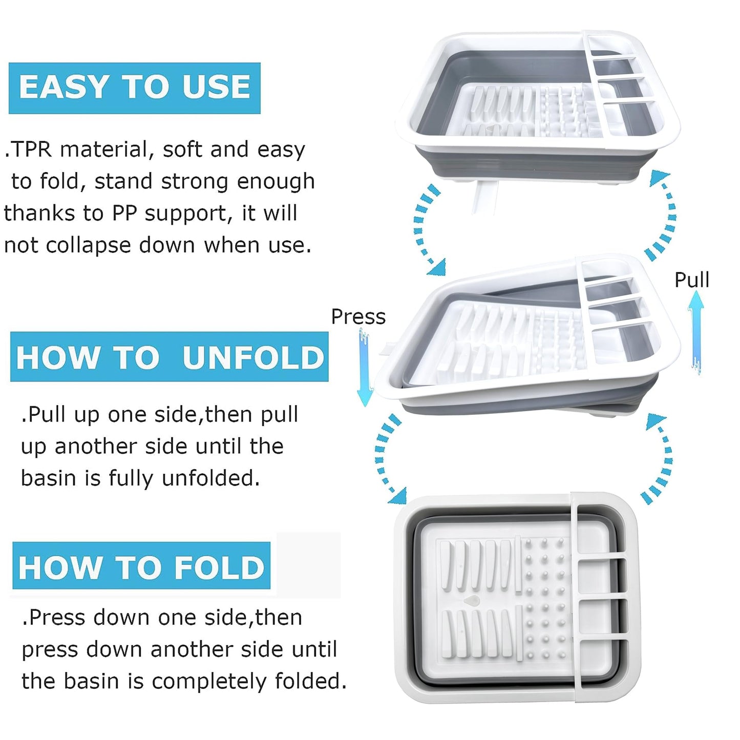Collapsible Dish Drainer with Drain Plug and Swivel Spout, Space-Saving, Portable Dish Rack for Kitchens, RVs, Campers and Travel Trailers