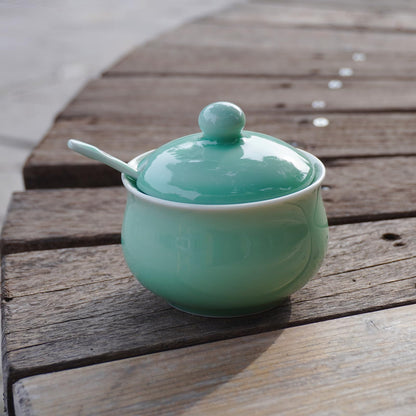 Tingyework Porcelain Salt Cellar with Lid and Spoon, 4.4 oz Salt Container Sugar Bowl for Spice & Seasonings, Elegant Kitchen Counter Decor, Chinese Celadon (Light Green)