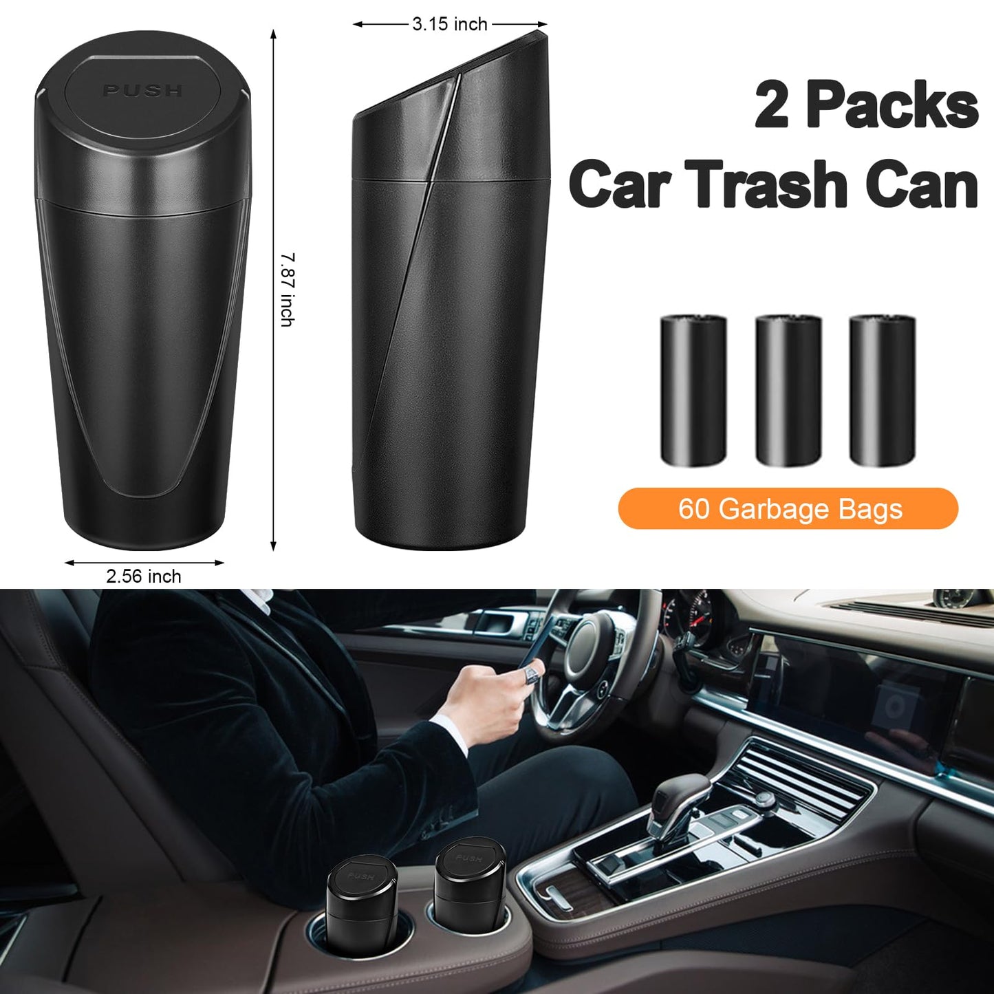 Kincown Car Trash Can, 2 Packs Mini Car Trash Bin with Lid, Leakproof Cup Holder Car Garbage Can with 60 Trash Bags, Vehicle Front Back Seat Organizers and Storage for Car, Home, Office, Black