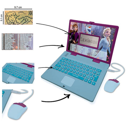 LEXiBOOK Disney Frozen 2 - Educational and Bilingual Laptop Spanish/English - Girls Toy with 124 Activities to Learn, Play Games and Music with Elsa & Anna - Blue/Purple, JC598FZi2