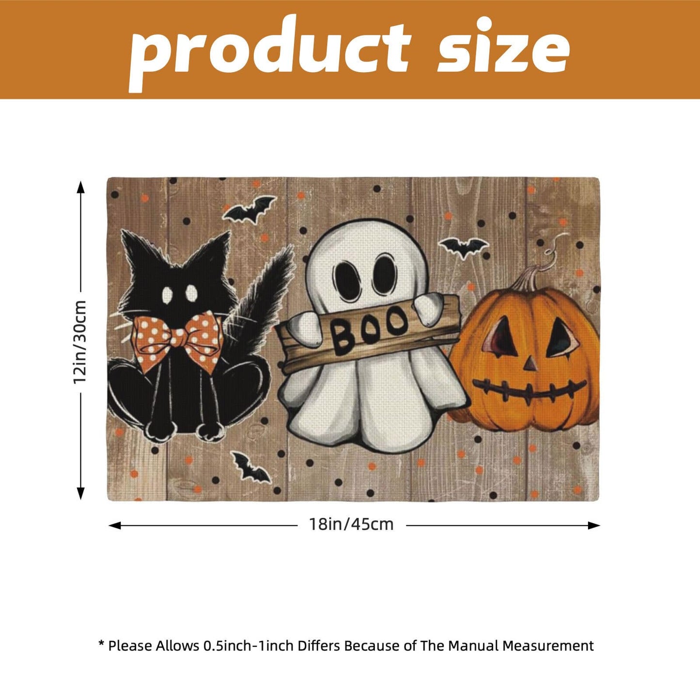 Trick Or Treat Pumpkin Halloween Garden Placemat Set of 4,12x18 Inch Bat Boo Cat Polka Dot Fall Garden Linen Washable Fabric Table Mats for Halloween Decoration Kitchen Dining Table Place Mats