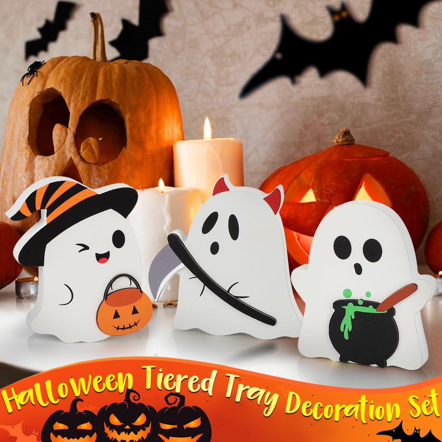 COCHIE Cute Ghost Halloween Decorations Indoor, Wooden Tiered Tray Decor Table Sign Set of 3, Black Cat Bat Witch Broom Signs Pumpkin Blocks for Party Home Shelf Display (C-Ghost)