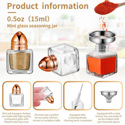 12 Pcs 0.5 oz Cube Shape Small Salt and Pepper Shakers Clear Mini Glass Seasoning Jars Spice Salt Shakers with Funnel and Storage Rack for Wedding Party Restaurant Home Kitchen (Rose Gold)