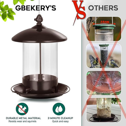 Gbekery Metal Bird Feeders for Outdoors Hanging, Weather Resistant Wild Bird Feeder with 360 Degree Feeding Tray, Brown
