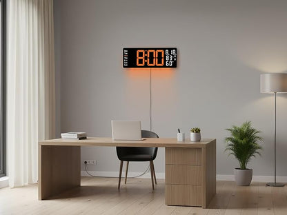 17.5 Inch Orange LED Digital Wall Clock with 8 Ambient Light Colors｜Displays Time,Date,Day,Temperature&Humidity,Dual Alarms,Countdown&Stopwatch,DST,10-Level Auto/Manual Brightness｜Modern Silent Clock