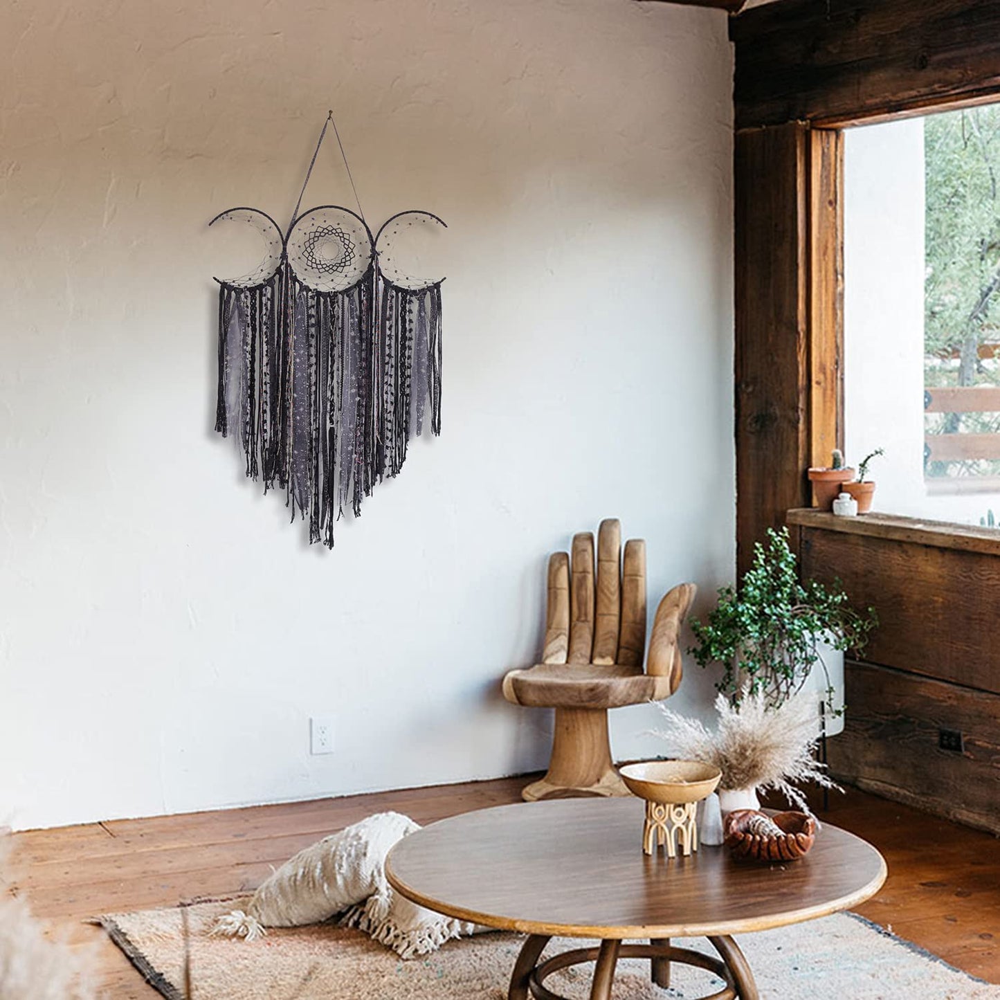 ANROYE Black Triple Moon Goddess Macrame Wall Hanging, Wicca Crescent Dream Catcher for Witch Home, Dreamcatcher for Bedroom Decoration, Pagan Woven Tapestry for Wiccan Adults Decor