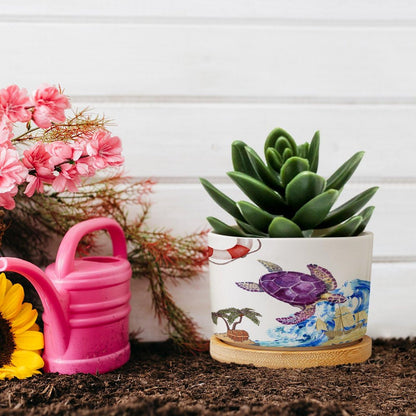 DreamAutumn Ocean Theme Sea Turtle Planter Ceramic Round Plant Pots with Drainage Holes and Bamboo Tray Planting Small Flower Pots for Home Windowsill Desk Garden Indoor Outdoor Use
