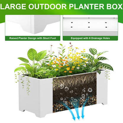 36" White Rectangular Planter, 36x15x15 Inch Large Metal Flower Box with 6 Drainage Holes, Raised Bottom, Galvanized Outdoor Planter for Patio Garden Deck, Heavy Duty Planter for Vegetables Shrubs