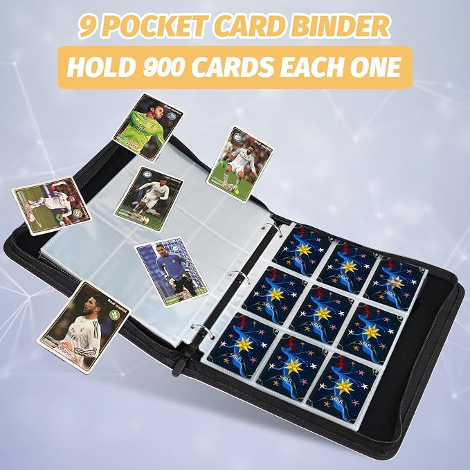 900 Pockets Round Ring Trading Card Binder, 9-Pocket Clear Zipper Card Album with Wrist Strap, Holds 900 Standard TCG & Sports Cards, Not Fit Top Loaders (Carbon White)