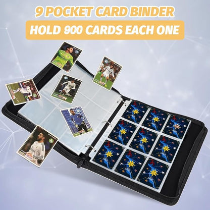 900 Pockets Round Ring Trading Card Binder, 9-Pocket Clear Zipper Card Album with Wrist Strap, Holds 900 Standard TCG & Sports Cards, Not Fit Top Loaders (Carbon White)