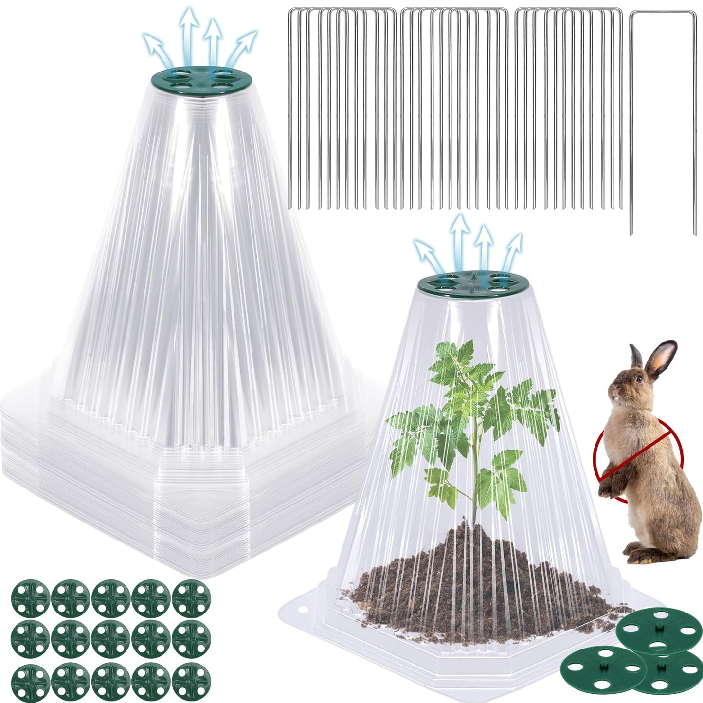 VICAMB 20 Pack Garden Cloches for Plants with 40PCS Ground Stakes,Clear Reusable Bell Covers with Rotatable Vent for Plant Protection,Garden Protector from Animals Birds Chicken,7.9" H X 6.7" D
