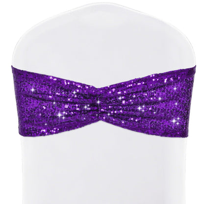 SquarePie Sequin Chair Sashes Bows 10 Pack Purple Shiny Chair Cover Bands for Wedding Banquet Party Decor