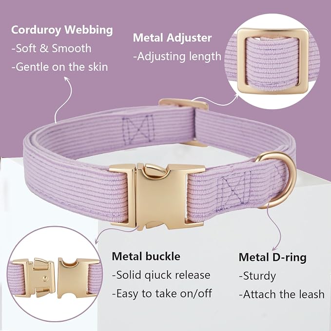 Soft Corduroy Dog Collar and Leash Set Adjustable Durable Dog Collars with Metal Buckle and Lead for Medium Dogs,Lilac