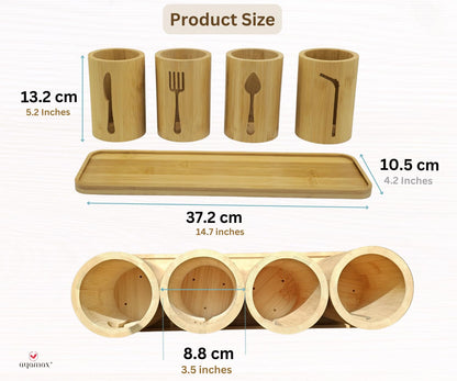 AYAMAX Bamboo Cutlery Holder Set - 4 kitchen Utensils Holder with Bamboo Tray | Decorative kitchen countertop Cutlery Stand | Utensil holder - knife, fork Spoon and Straw holders