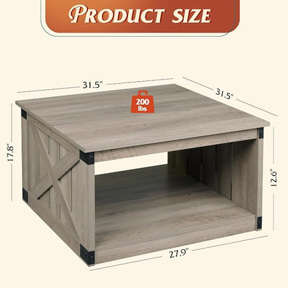 WLIVE Coffee Table, Farmhouse Coffee Table with Open Storage, 31.5" Wood Square Living Room Tables, Rustic Dining Cocktail Center Table for Living Room, Greige