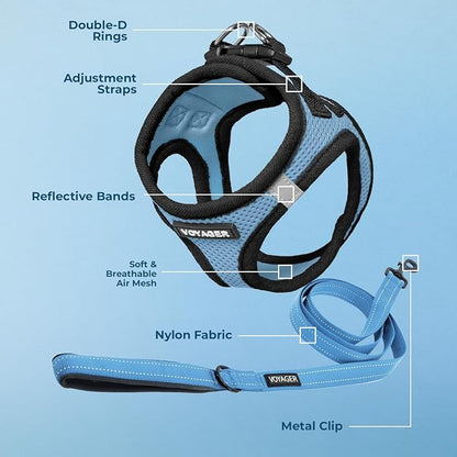 Best Pet Supplies Voyager Step-in Air All Weather Mesh Harness and Reflective Dog 5ft Leash Combo with Neoprene Handle, for Small, Medium and Large Breed Puppies - Baby Blue/Black Trim, X-Large