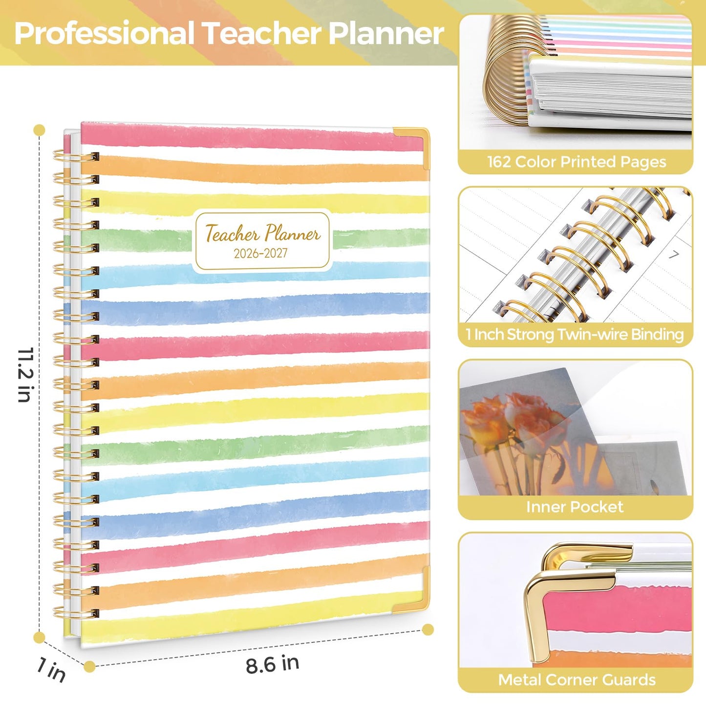 SKYDUE Teacher Planner 2026-2027 Academic Year, 8.5" x 11" Deluxe Teacher Lesson Planner with Monthly Tabs & Stickers, Lesson Plan Book 26-27, Rainbow