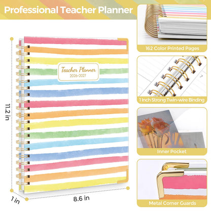 SKYDUE Teacher Planner 2026-2027 Academic Year, 8.5" x 11" Deluxe Teacher Lesson Planner with Monthly Tabs & Stickers, Lesson Plan Book 26-27, Rainbow