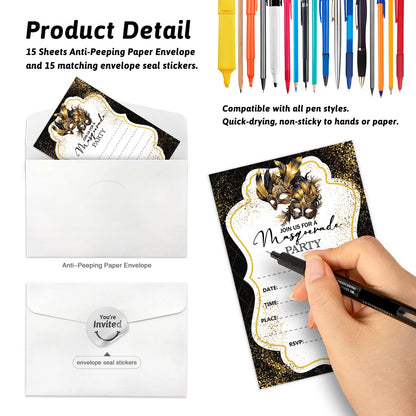 Cusrtyh Black Gold Mask Masquerade Ball Personalized Party Shaped Fill-In Invitations card 15 Sheets with Envelopes, Masquerade Party Invites, Masquerade Mask Invitations Cards Mardi Gras Supplies