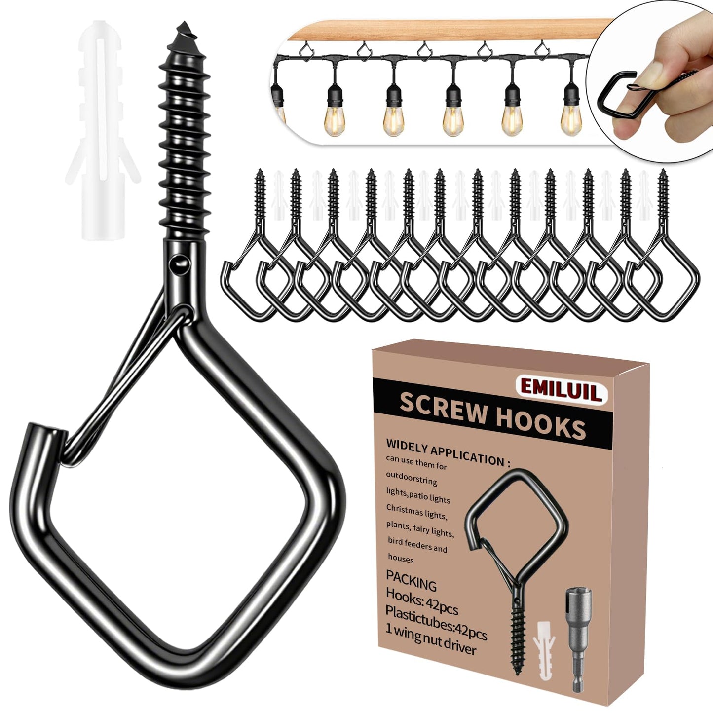 Emiluil 42 PCS Metal Black Eye Screw Hooks for Hanging Heavy Duty.Windproof Ceiling Hooks for Hanging Plants,Cup,Wind Chime,Bird Feeders,Christmas String Lights at Indoor&Outdoor 2.2 Inch