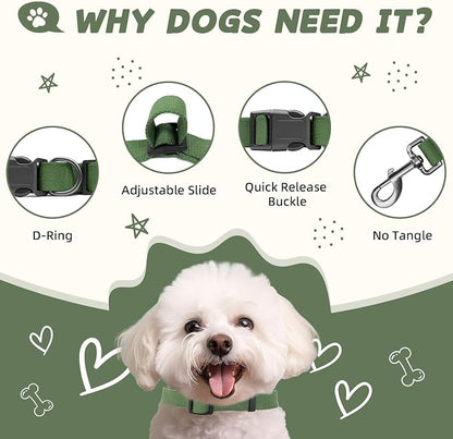 Green Dog Collar and Leash Set for Medium Dogs Soft and Breathable of 90% Rayon from Bamboo and 10% Polyester Comfortable Skin-Friendly, Adjustable Leash Set with Quick Release Buckle