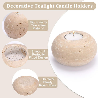 OwnMy 2PCS Travertine Candle Holders Decorative Stone Tealight Candle Holders Set, Elegant Travertine Votive Candle Stands for Dining Table Centerpieces Wedding Home Decors, 4" Dia x 2.2" H