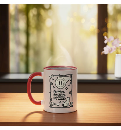 Halloween Witch Cat Sewing Design - Be Wise Be Brave Be Tr!C Ceramic Mug, Red/White