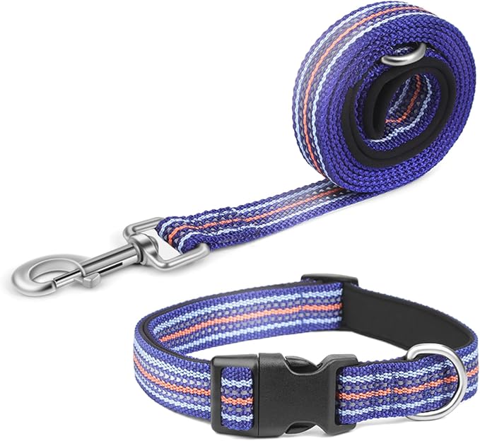 Reflective Dog Collar and Leash Set (4 FT/5 FT), Nylon Leash with Heavy-Duty Steel D-Ring, Adjustable Collar with Quick Release Buckle - 4 Color Matching in Dark Blue