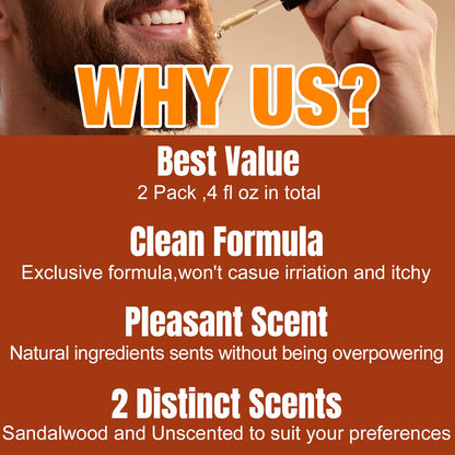 Beard Oil,2 Packs 4 FLOZ(120ml) Natural Beard Oil for Men Growth,Sandalwood and Unscented Beard Growth Oil Soften,Strengthen,Moisturize Beard Care,Stocking Stuffers for Men Gifts for Him Dad Boyfriend