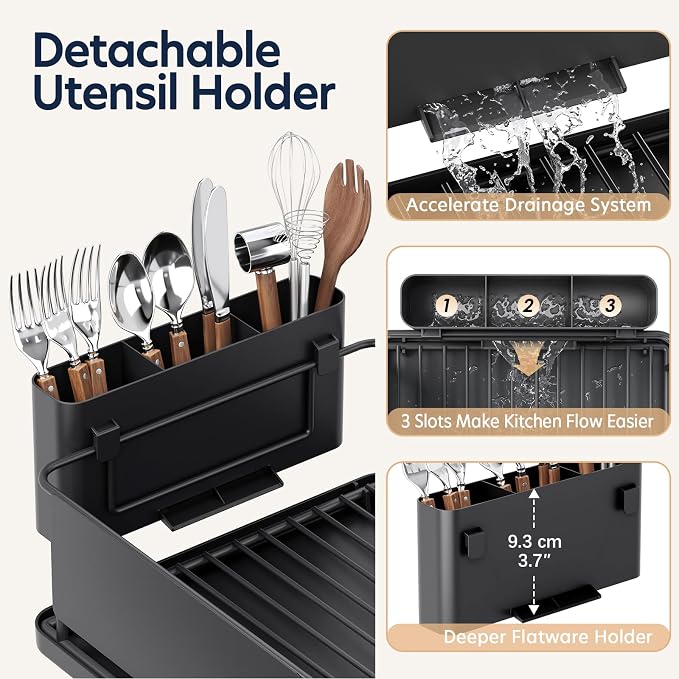 Stainless Steel Dish Drying Rack - Large Capacity Dish Rack for Kitchen Counter with Drain Board, Rustproof Dish Drainer with Drain Spout, Utensil Holder & Glass Holder, Dinnerware Organizer, Black