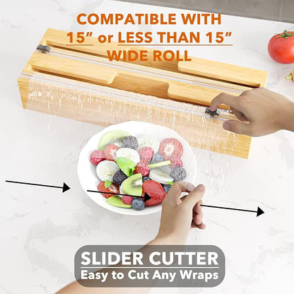 SpaceAid 2 in 1 Long Wrap Dispenser (Need 3" Deep Drawer) with Cutter, Plastic Wrap, Aluminum Foil Dispenser for Kitchen Drawer, Bamboo Roll Organizer Holder, Compatible with 15" Roll