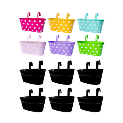 LaLaGreen Bundle - 6 Pack, 11.2 Inch Black + 6 Pack, 11.8 Inch Polka Dot Metal Iron Hanging Flower Pot Wall Mount Deck Railing Window Fence Bucket Box Plant Holder Modern Patio Porch Garden Decor