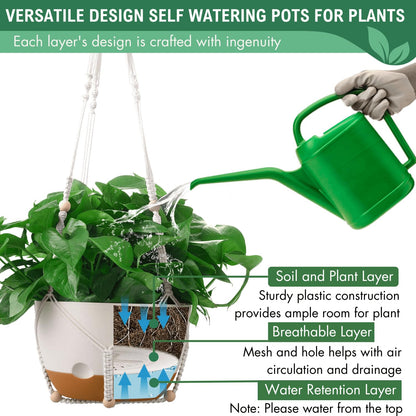 10 Inch Hanging Planters for Indoor Plants,Set of 2 Hanging Pots for Plants with Self-Watering, Outdoor Hanging Plant Pot with Drainage and 2 Kinds of Baskets Hangers for Home Decor and Garden