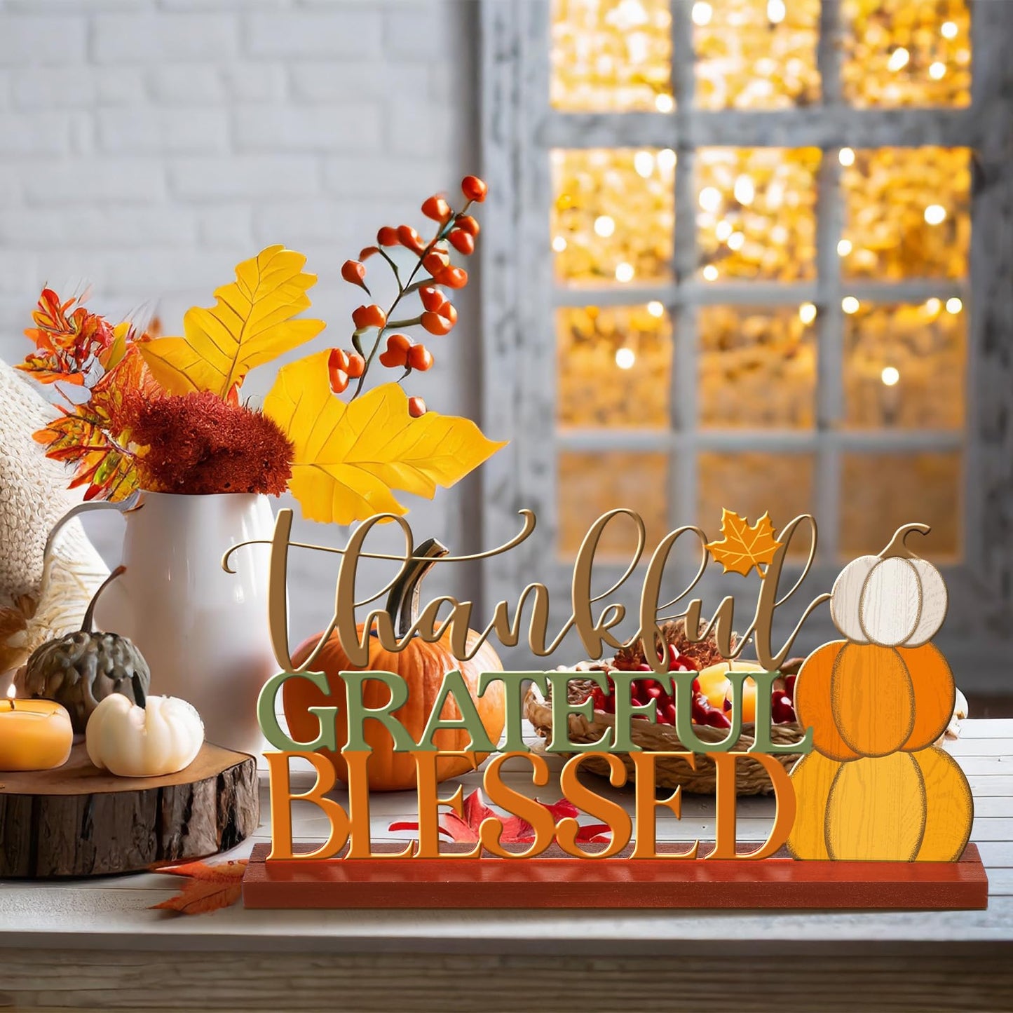 Cinnvoice 11.81 Inch Thanksgiving Table Sign Fall Decorations for Home Thanksgiving Metal Letter Centerpiece Decorations with Wooden Base Pumpkin Grateful Thankful Blessed Sign for Shelf Mantel