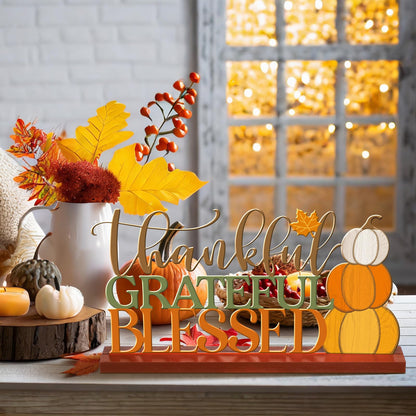 Cinnvoice 11.81 Inch Thanksgiving Table Sign Fall Decorations for Home Thanksgiving Metal Letter Centerpiece Decorations with Wooden Base Pumpkin Grateful Thankful Blessed Sign for Shelf Mantel