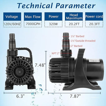 WaterRebirth (7000GPH-320W, UL listed) Large Fountain Submersible Water Pond Sump Pump Aquarium Electric Waterfall Pump Outdoor PS- 7000 (Pack of 2)