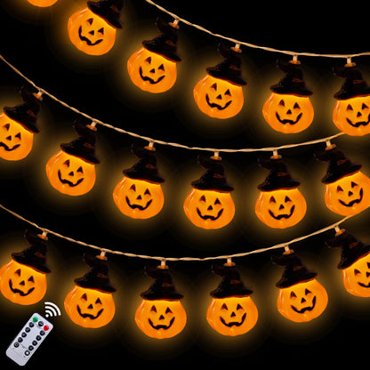Orange Halloween Pumpkin String Lights with Witch Hat, 20FT 30 LED Pumpkin Halloween Lights String Outdoor with 8 Lighting Modes for Home Indoor Outdoor Party Decor