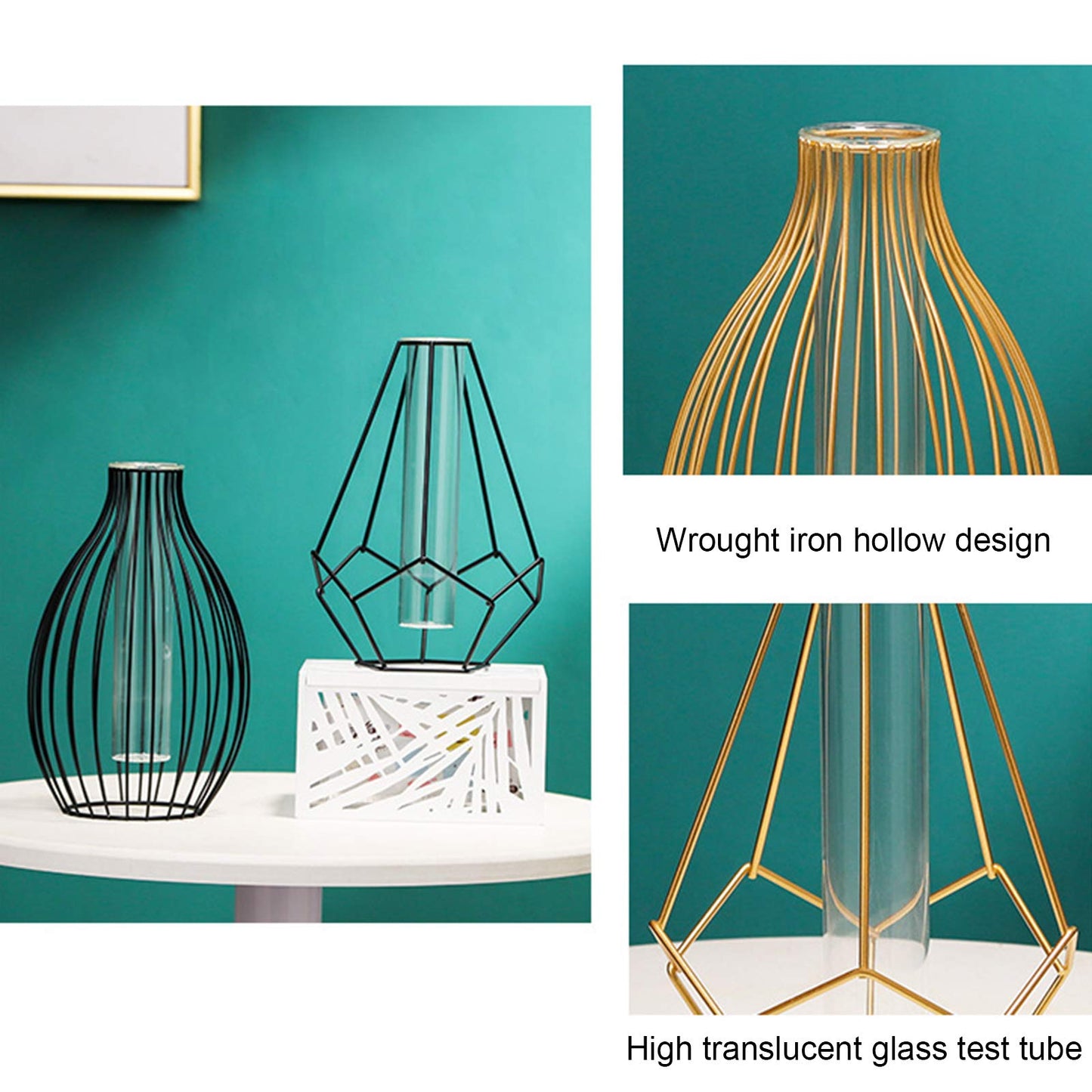 Metal Frame Vase Geometric Glass Flower Vase, Lantern Shape Glass Test Tube Vase, Modern Creative Clear Tube Glass Planter Terrariums with Geometric Metal Stand for Decor Office Home (Golden B)